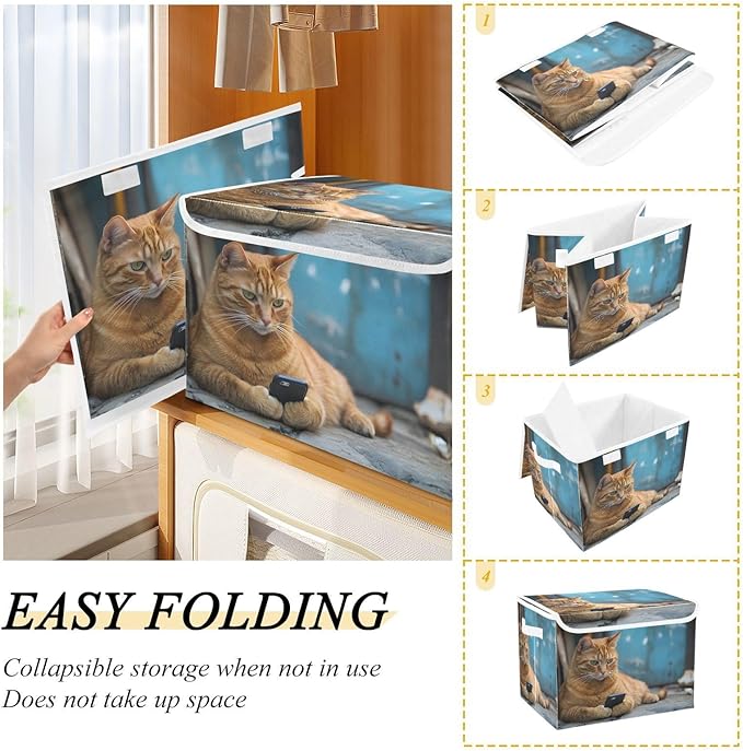 Storage Cube with Lid Cat with Phone Print 16.5×12.6×11.8 IN Collapsible Large Capacity Foldable Storage Basket Bin Organizer