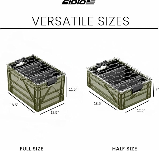 SIDIO CRATE Starter Pack - Two Full Size and One Half Size SidioCrate Stackable Outdoor Organizer Storage Bins with Clear Lid and Dividers - Green