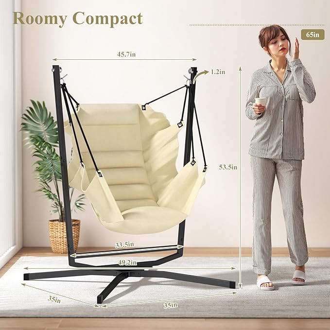 360° Swivel Hammock Swing Chair with Stand - Comfortable Hanging Chair with Cushions (400 lbs Capacity) for Indoor/Outdoor Use - Perfect for Bedroom Patio Porch Deck Garden Balcony