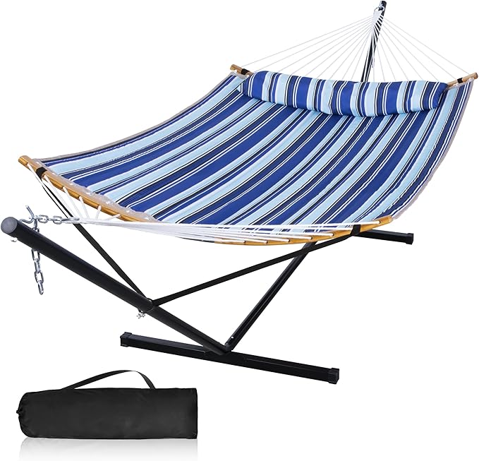12 Ft Hammock with Stand for Outside 2 Person Hammock Freestanding with Curved Spreader Bars Pillow and Portable Bag Heavy Duty 450 Lbs Blue Stripes