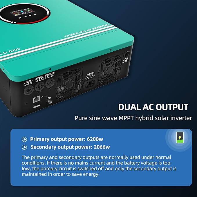 6200W Hybrid Solar Inverter 48V DC to 220-230VAC Pure Sine Wave Solar Inverter with 120A MPPT Solar Charge Controller Fit for 48V Lithium Lead-Acid Gel Battery Off-Grid System