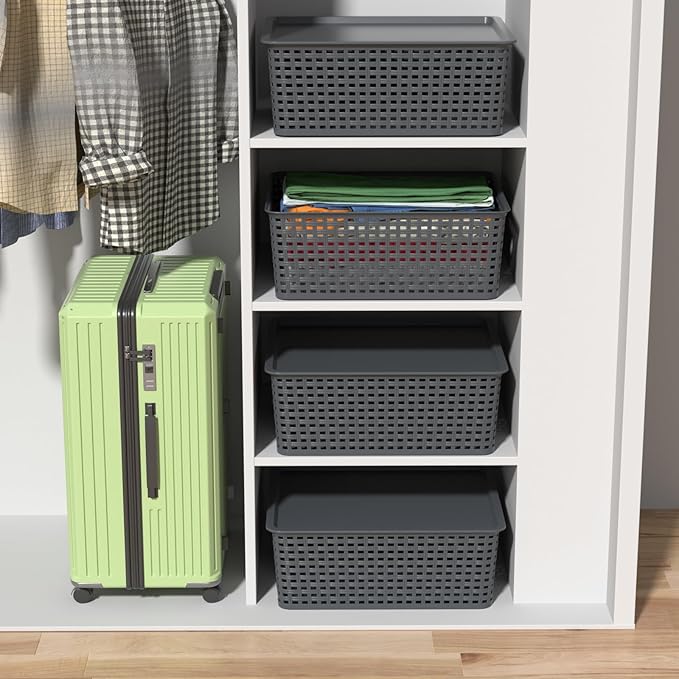 6-Pack Medium Plastic Storage Baskets Bins with Lid Lidded Storage Organizer Bins for Cabinets Countertop Shelves Gray