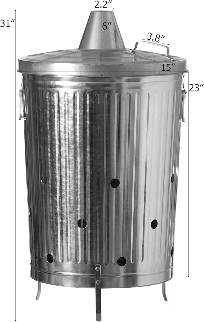 Gardenised 20-Gallon Galvanized Steel Incinerator Can with Lid &amp Vent Holes High-Heat Outdoor Burn Bin for Leaves Paper Yard Waste &amp Garden Debris Silver