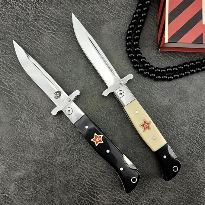 Goshawk Finka-NKVD KGB Folding Pocket Knife3.66 Mirror Polished 440C Blade and ABS HandleNylon SheathAssisted Opening Flipper Knife with Lockback EDC for Camping Hunting Survival (Ivory white)