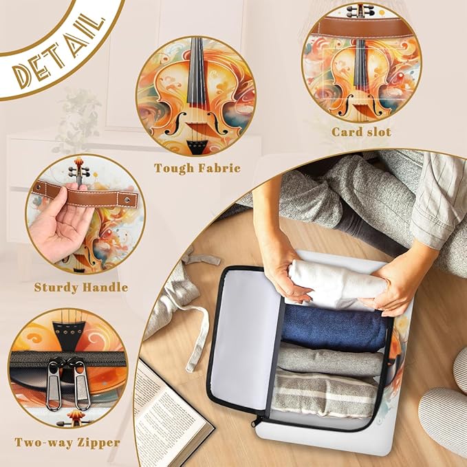Music Violin Storage Box with Lid Watercolor Instrument Collapsible Storage Bins Baskets Cubes Closet Shelf Clothes Organizer Containers with PU Leather Handles