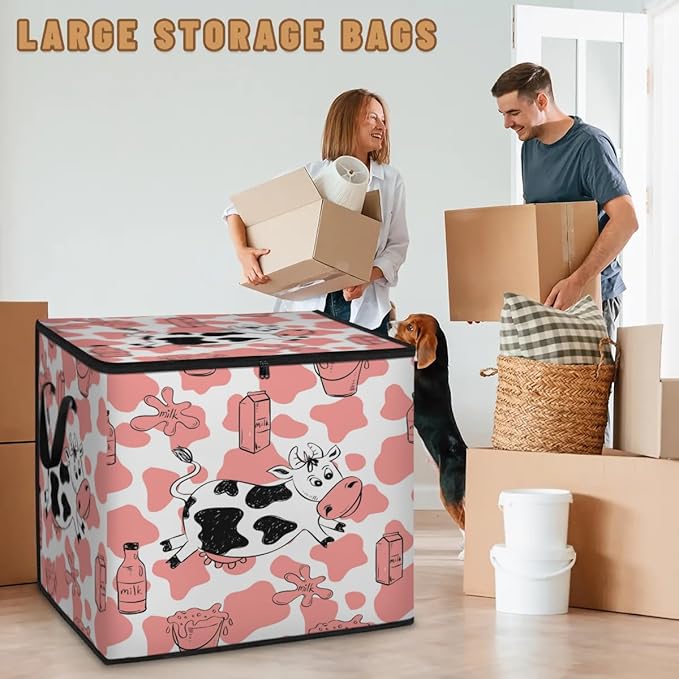 Large Milk Cow Storage Bags with Lid XL Blanket Clothes Storage Bins Foldable Organizers Storage Containers with Handle for Comforters Bed Sheets Pillows Cow