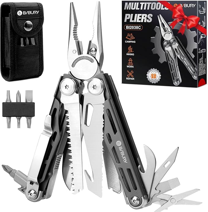 BIBURY Multitools BI2038C 22-in-1 Stainless Steel Pocket Knife with Scissors Foldable Self-locking EDC Multi tools Pliers with Sheath for Outdoor Hunting Survival Camping Simple Repair