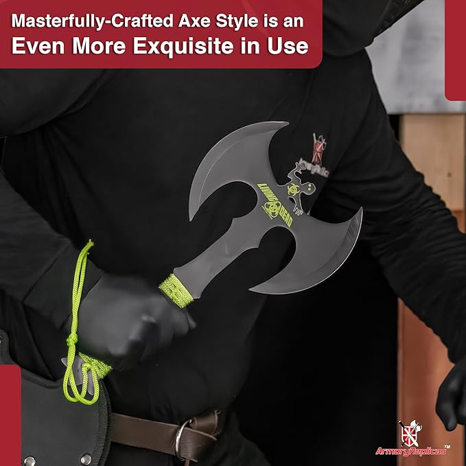 Armory Replicas™ Double Headed Skulking Throwing Axe – Full Tang Black Anodized Stainless Steel Axe with Green Nylon Wrap &amp Sheath