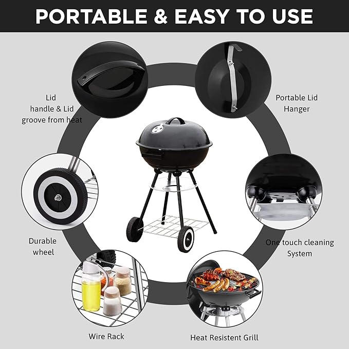 18 Inch Portable Charcoal Grill – Heavy-Duty Round BBQ Grill with Thickened Grilling Bowl Sturdy with 4 Legs &amp Wheels for Small Outdoor Barbecue Camping Travel Tailgating &amp Backyard Cookin