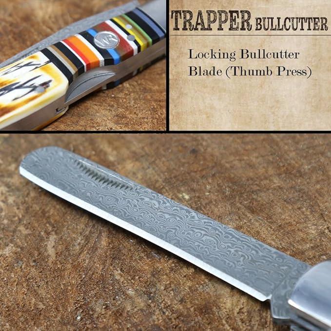 WHISKEY BENT HAT CO. Trapper &amp Locking Bullcutter Folding Pocket Knife 4.125 Closed Length 440C Stainless Steel Blades (Bandito - Damsascus Blades)