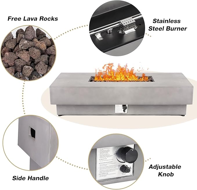 60Inch Fire Pit Table Propane with Tank Cover Windy Guard 50000 BTU Concrete Rectangle Firepit for Outside Patio with Metal Lid Lava Rocks Rain Cover Backyard Outdoor