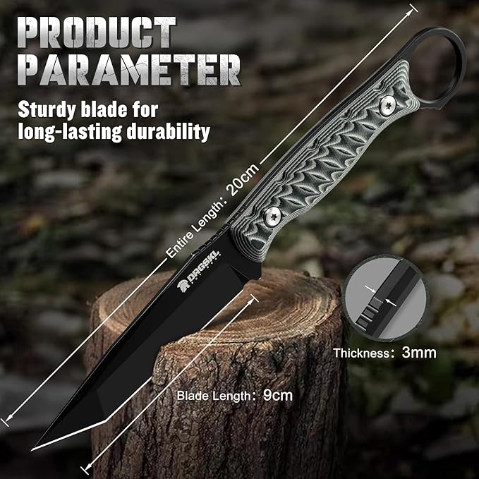 Tanto Fixed Blade Knife - Full Tang Survival Knife for Bushcraft - Camping Knives with Sheath - Black Knives Forged from a Single Piece of D2 Steel - Ideal Gift for Men - Green