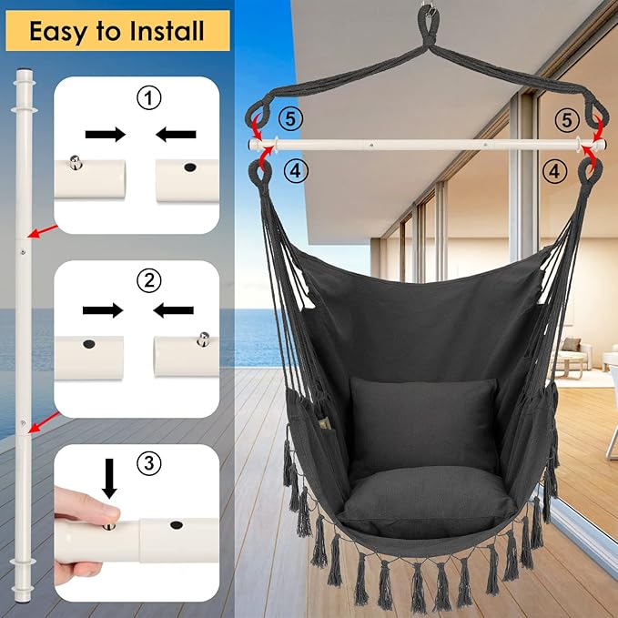 Y- STOP Hammock Chair Hanging Rope Swing Max 500 Lbs 2 Cushions Included Large Macrame Hanging Chair with Pocket Cotton Weave for Superior Comfort Durability (Dark Grey)