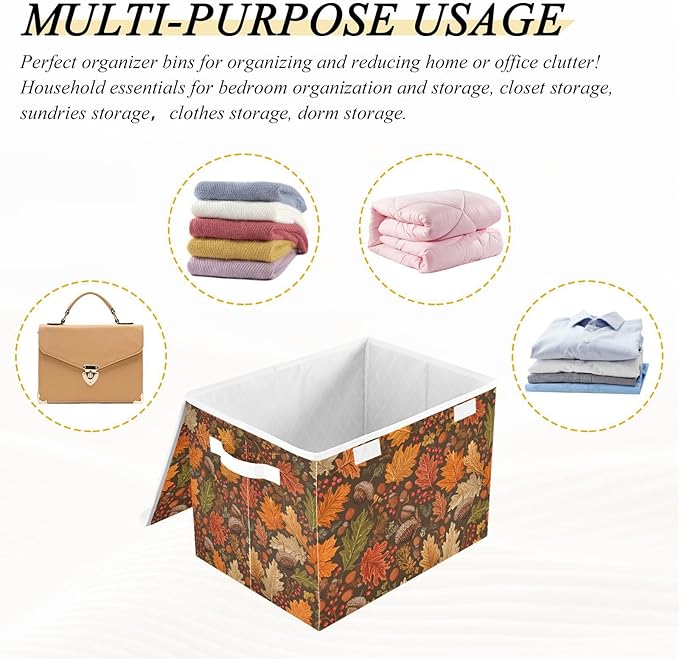 Storage Bins with Lids Storage Containers Box Organizer Bin Basket with Handles for Closet Shelves Clothes Stackable Foldable Decorative Brown Maple Leaves Acorns Berries Branches