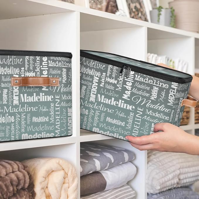 Custom Storage Basket with Name Personalized Keepsake Box with Zipper Lid Foldable Fabric Memory Bin Large capacity with Handle Gradient Grey Green
