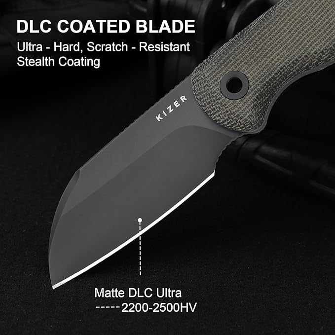 Kizer Drop Bear Fixed Blade Knife 2.56 S45VN Matte DLC Ultra Blade EDC Camping Knife with Norplex UltreX™ Green Micarta Handle &amp Built-in Tools Hunting Survival Knives with Kydex Sheath 1093A3