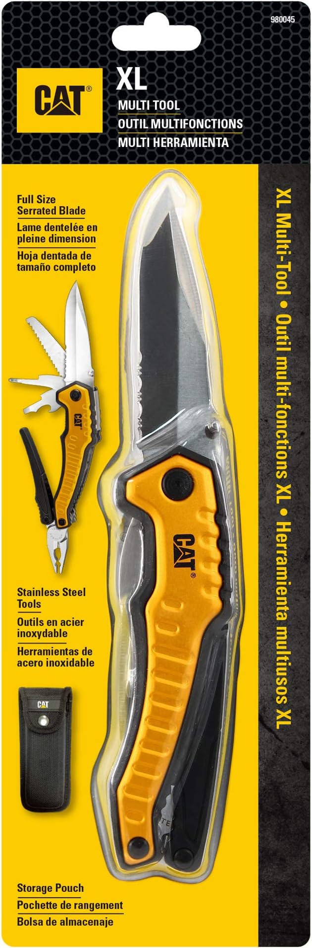Caterpillar Multi Function Tool 9-in-1 X-Large Long Nose Pliers Wire Cutter Knife Bottle Opener Screwdriver Saw Blade with Pouch - Yellow 980045