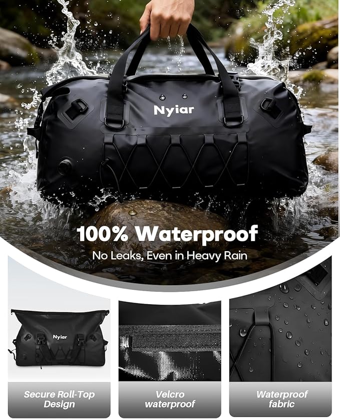 60L Waterproof Duffel Bag Motorcycle Dry Bag Backpack Heavy-Duty Roll-Top Waterproof Bag with Sealed Seams &amp Waterproof Zipper for Riding Kayaking Camping &amp Travel (Black)