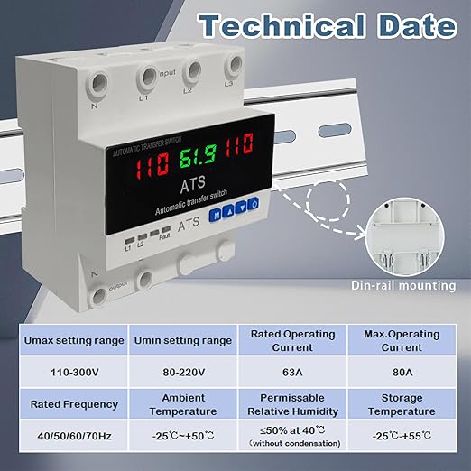 2P Automatic Transfer Switch with LCD Display 63A 110V Double Power ATS with 3 Digital Displays for Input Real-Time Volrage/Current Monitoring Automatic Changeover for Utility/Generator/Solar
