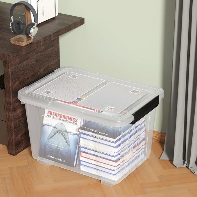 50 Quart Clear Storage Bin with Wheels 4-Pack Large Plastic Latching Storage Box