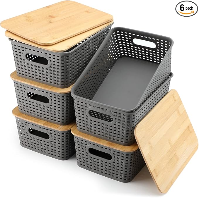 AREYZIN Storage Bins with Bamboo Lids Set of 6 Lidded Storage Container Plastic Baskets Organizer Bins for Organizing Kithen Room Bedroom Office Closet Sturdy(Grey)