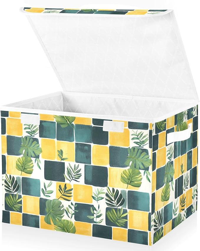 AIXIWAWA Lidded Storage Cube (Checkered Palm) Fabric Foldable Closet Bins with Flip Lid and Handles Organizer Basket Container 16.5 x 12.6 x 11.8 IN