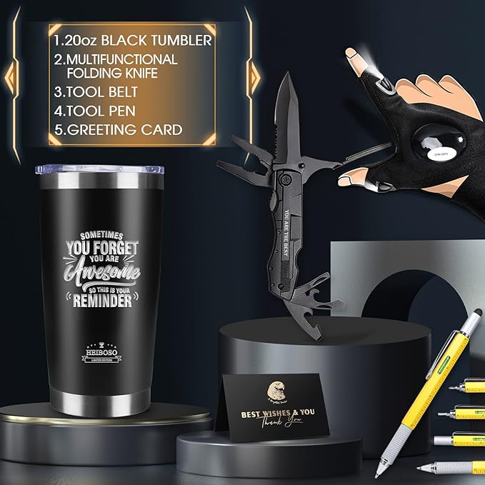 Gifts for Men - 6-in-1 Gift Set with Stainless Steel TumblerMulti-Tool KnifeLED Gloves &amp Tool Pen Keepsake Box | Last Minute Birthday Father's Day Anniversary Box Gifts for DadHusband