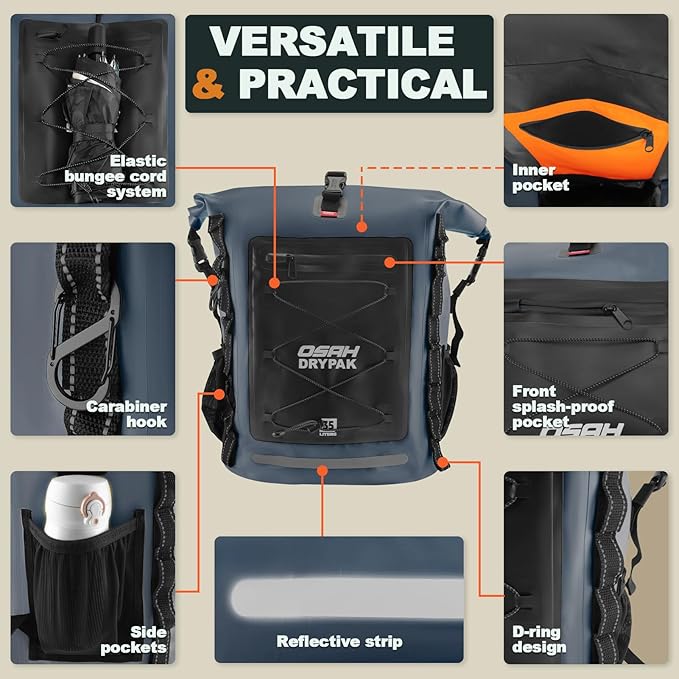 OSAH DRYPAK Waterproof Backpack Dry Bag 35L/55L/85L – Heavy Duty Roll-Top Hiking Backpack Sack Keeps Gear Dry for Travel Kayaking Boating Camping Rafting and Fishing