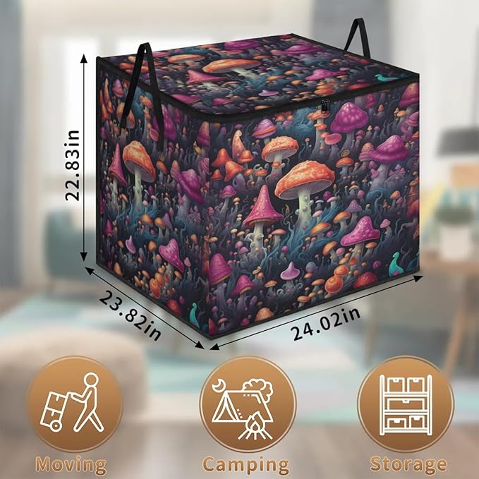 Large Mushrooms Storage Bags with Lid XL Blanket Clothes Storage Bins Foldable Organizers Storage Containers with Handle for Comforters Bed Sheets Pillows Different Mushrooms