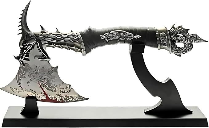 Snake Eye Tactical Fantasy Dragon Slayer Axe Stainless Steel Blade with Dragon Graphic Wood Handle 13 Inch Overall Length Display Stand Included