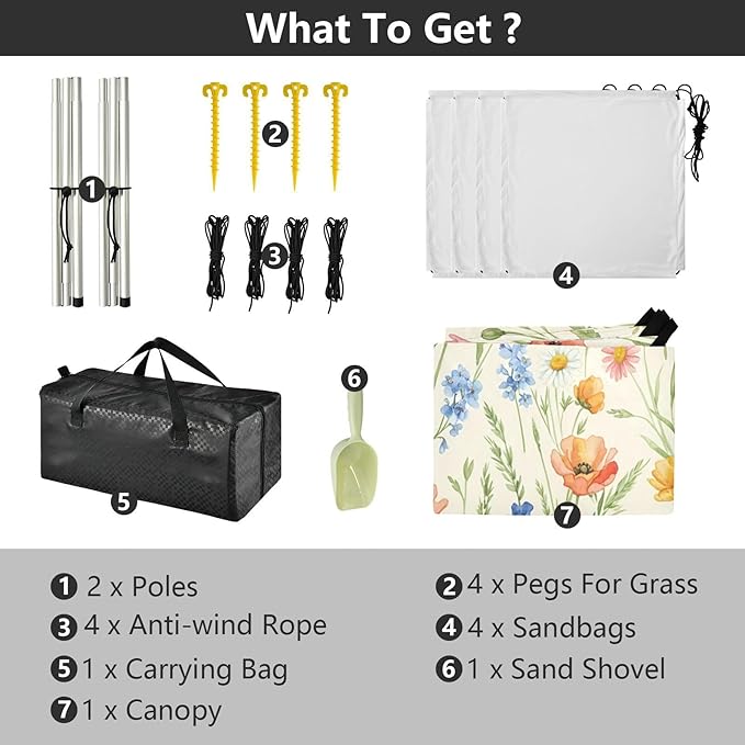 xigua Flowers Beach Tent Sun Shelter with Carrying Bag - Silver Coated Oxford Fabric Beach Canopy for Beach Camping Fishing - Includes Windproof Ropes Sandbags &amp Stakes