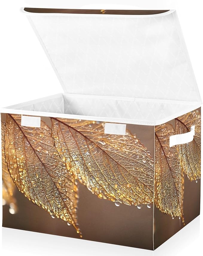 Elegant Leaf Storage Basket Bins with Lid Collapsible Flip-top with Handle for Home Office 16.5×12.6×11.8 in