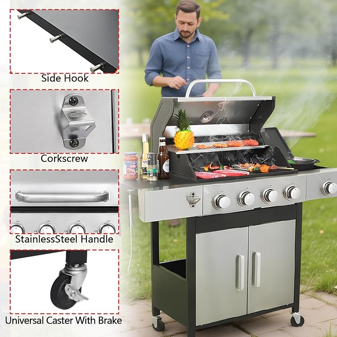 3-Burner Propane Gas BBQ Grill Stainless Steel Propane Grill 36900 BTU Outdoor Cabinet Style with Wheels Wire Rack and Two Foldable Side Table for Outdoor Barbecue Cooking (5-Burner GrillSilver)