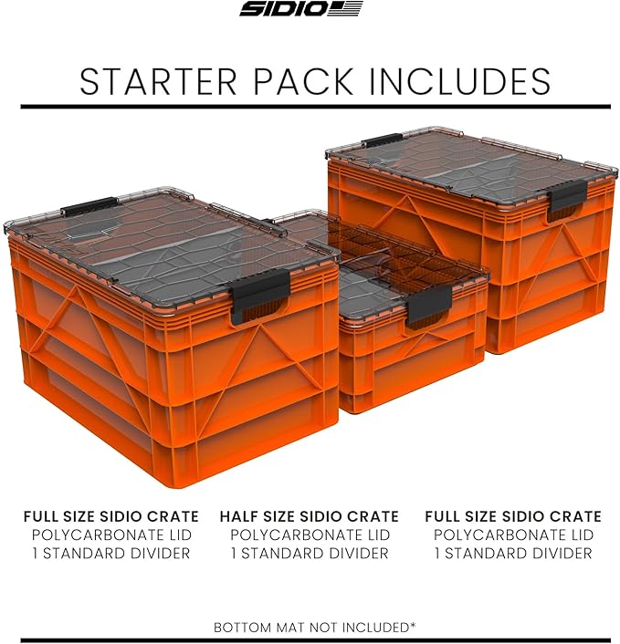 SIDIO CRATE Starter Pack - Two Full Size and One Half Size SidioCrate Stackable Outdoor Organizer Storage Bins with Clear Lid and Dividers - Orange
