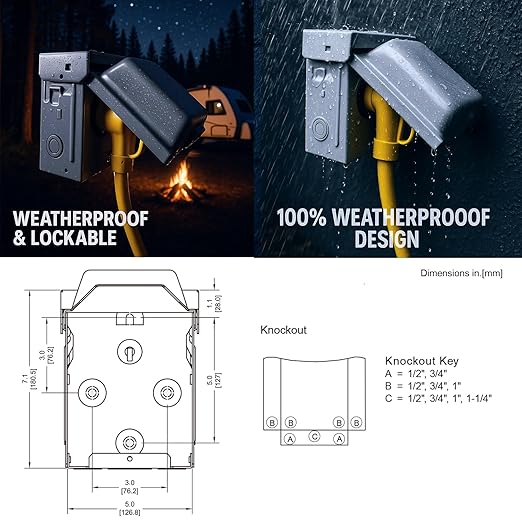 30 Amp NEMA L5-30R with 15Amp Switch Power Outlet Box 125 Volt Heavy Duty Lockable Weatherproof Electrical Panel Outdoor Receptacle for EV Generator Trailer Motorhome ETL Listed HDS2-014