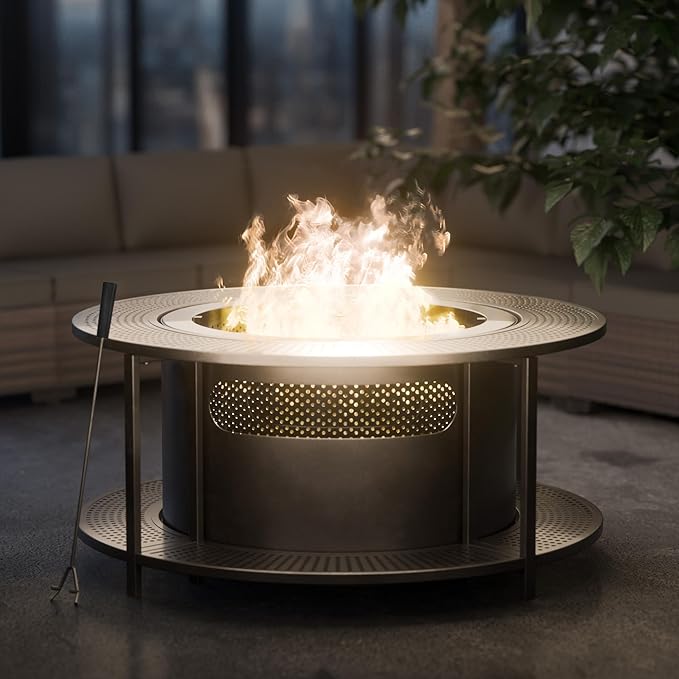 Kullavik 37 Inch Surround Tabletop with 25 Inch Outdoor Smokeless Fire PitStainless Steel Firepit with Weather Resistant CoverWood Burning Fire Pit for Outside