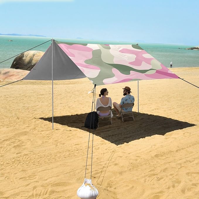 Sage Beach Canopy UPF50+ Easy Setup Shade Sun Shelter with Sturdy Poles Sandbags and Shovel for Camping Picnics Backyard