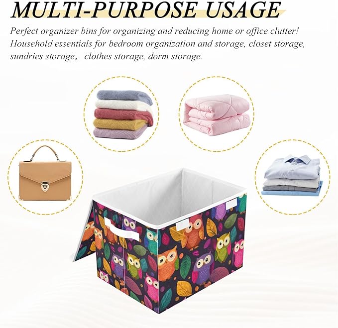 Storage Bins with Lids Storage Containers Box Organizer Bin Basket with Handles for Closet Shelves Clothes Stackable Foldable Decorative Black Owl and Leaves