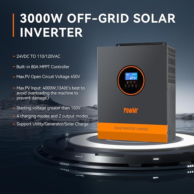PowMr 3000W Solar Inverter 24V to 110/120Vac Pure Sine Wave Power Inverter 3000 watt Max.PV Input 4000W 450V 13A Built-in 80A MPPT Controller and fit for 24V Lead-Acid and Lithium Battery