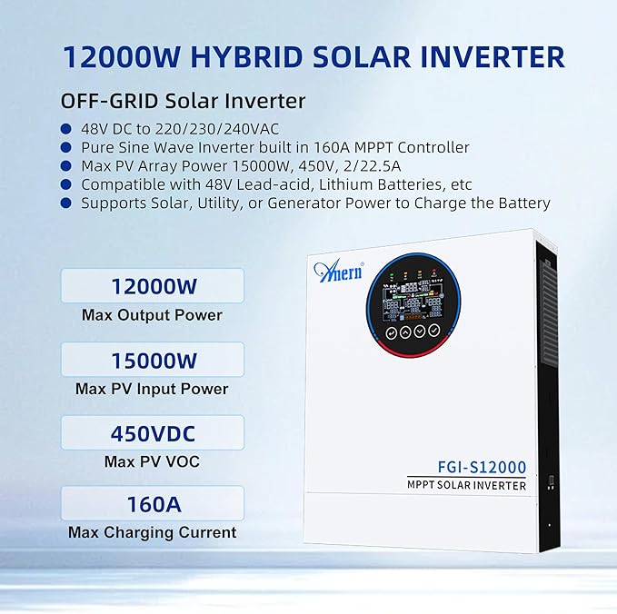 12KW Solar Hybrid Inverter All in One 48V DC to 220V-230V AC On/Off Grid Pure Sine Wave Solar Inverter with 160A MPPT Charge Controller for Home Appliances Work with Lead Acid &amp Lithium Battery