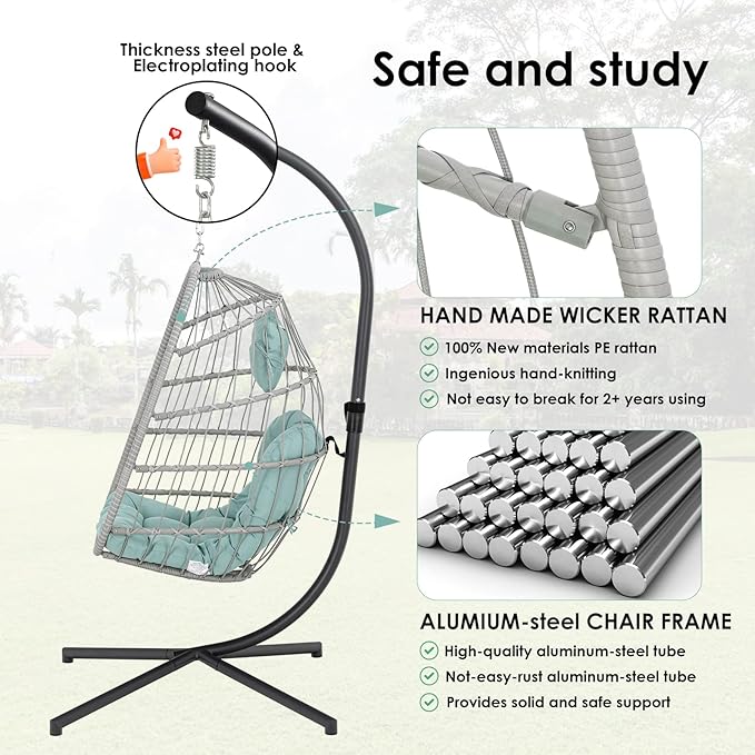 Egg Hanging Chair with Stand Hammock Egg Chair Indoor Outdoor Wicker Rattan Hanging Swing Chair Basket Egg Chair Aluminum Steel Frame and UV Resistant Cushion for Bedroom Garden Backyard Light Blue