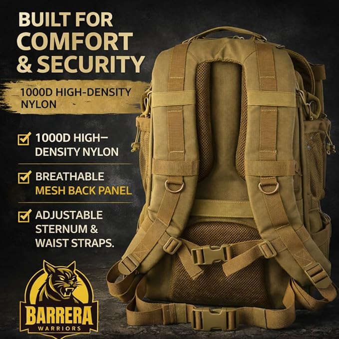 50L Tactical Backpack Military Rucksack - Heavy Duty 1000D Waterproof MOLLE Backpack Large Capacity 3 Day Assault Bag for Camping Hiking Survival Bug Out Bag (Coyote Brown/ Tan/ Military Tan)