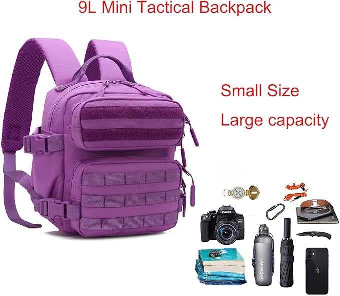 9L Mini Tactical Backpack Men Women Small Assault Rucksack Water-proof GYM Hiking Bug Out Bag with molle attachments (Purple)