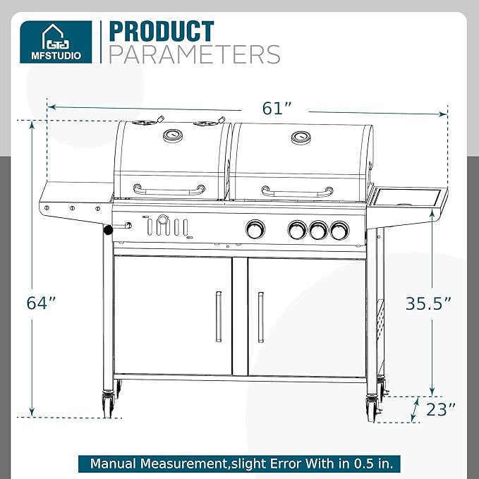 MFSTUDIO 3 In 1 Gas and Charcoal Grill Combo with Side Burner Porcelain-Enameled Cast Iron Grate Extra Large Dual-Function BBQ Propane Grills for Outdoor Barbecue Cooking 690 SQIN Cooking Area