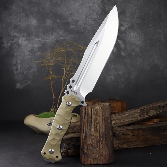 LENGREN【Chief 12.6 Inches THK Full Tang Drop Tactical Fixed Blade Knife Sleipner Steel G10 Handle Kydex Sheath for CampingHikingHuntingFishing (White)