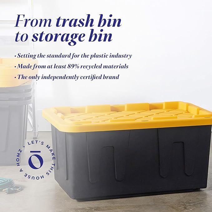 HOMZ 4-Pack Durabilt Tote Heavy Duty Plastic Storage Bins with Lids 34 Gallon Black/Yellow - Stackable Organizing Containers for Home Garage and Office
