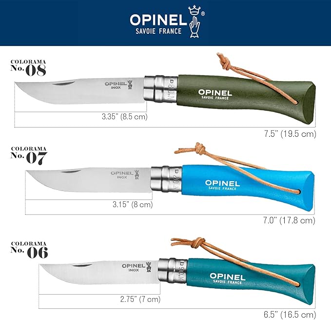 Opinel Colorama Series No. 8 - Stainless Steel Everyday Carry Folding Pocket Knife with Leather Strap Painted Hornbeam Handles