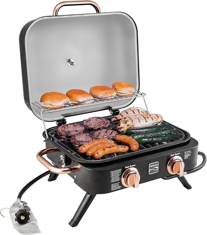 Kenmore 2-Burner Portable Gas Grill Tabletop BBQ Grill with Warming Rack Foldable Legs Stainless Steel Burners Fits 5 &amp 20 lb Propane Tanks Ideal for Camping &amp Tailgating Black &amp Cop