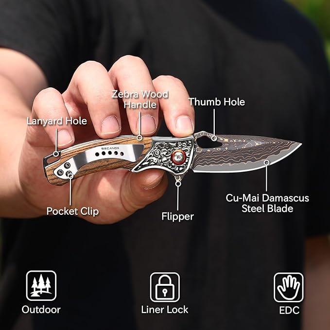 Damascus Pocket Knife Sharp 2.76 Copper Damascus Steel Blade and Wooden Handle Folding Knives for EDC Outdoor Camping Hiking Collection