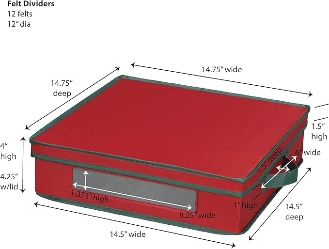 Household Essentials Holiday Charger Plate Storage Box Holds 12 Charger Plates with Felt Protectors Red Canvas with Green Trim